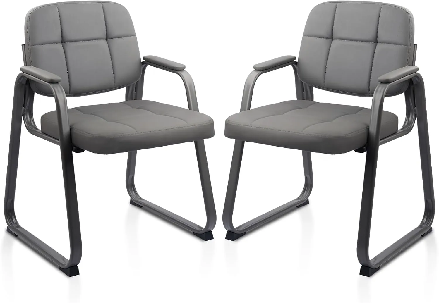 CLATINA Waiting Room Guest Chair with Bonded Leather Padded Arm Rest for Office Reception and Conference Desk Black with Sled Base Grey 2 Pack