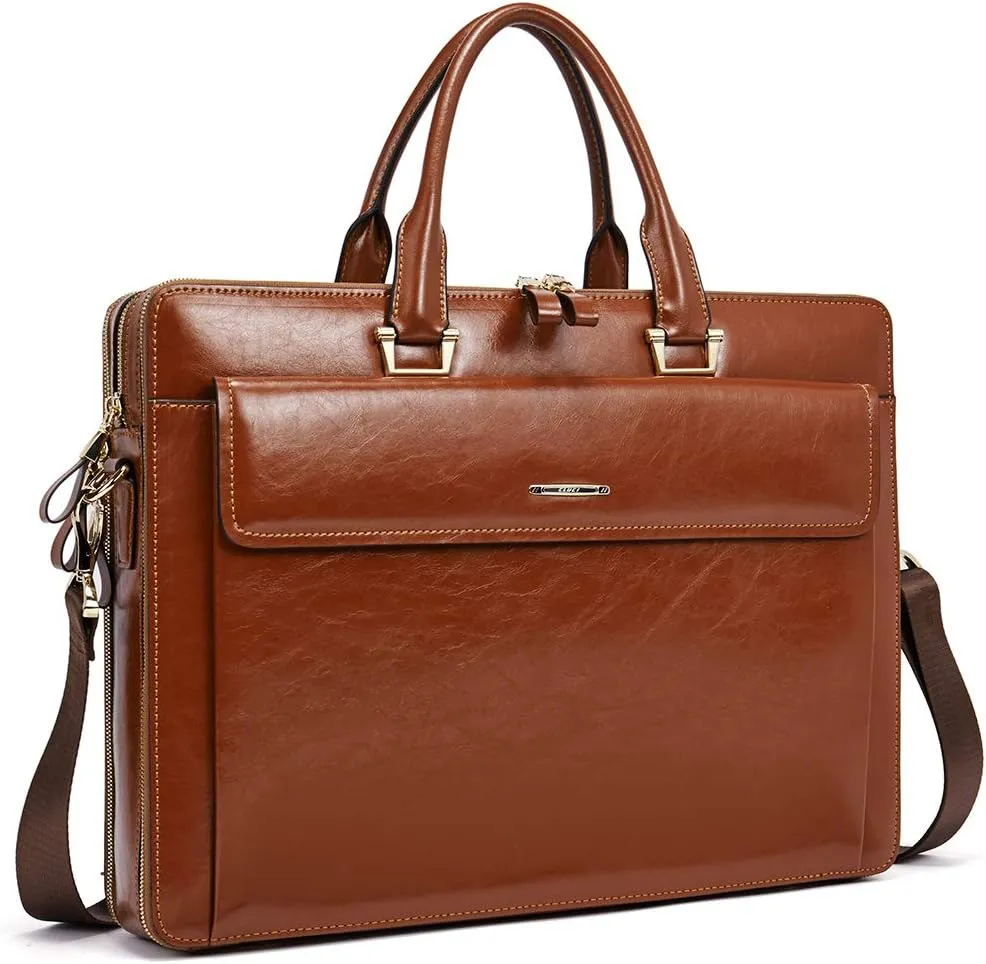 CLUCI Briefcase for Women Oil Wax Leather Business 15.6 Inch Laptop Handbag Vintage Slim Large Shoulder Work Bag