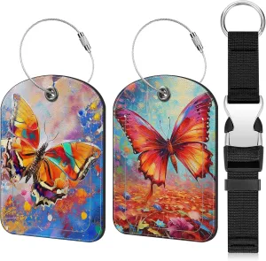 Colorful Butterfly Leather Luggage Tag and Add a Bag Luggage Strap 2 Pack Travel Suitcase Tag with Stainless Steel Loop Name ID Label Privacy Cover for Travel Bag Suitcase
