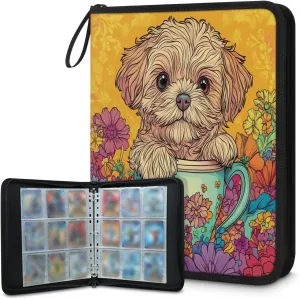 Colorful Flowers Dog Trading Card Binder 9 Pocket 900 Cards Holder Collector Album with 50 Removable Sleeves Toys Gifts for Boys Girls Poodle Orange Game Sports Cards