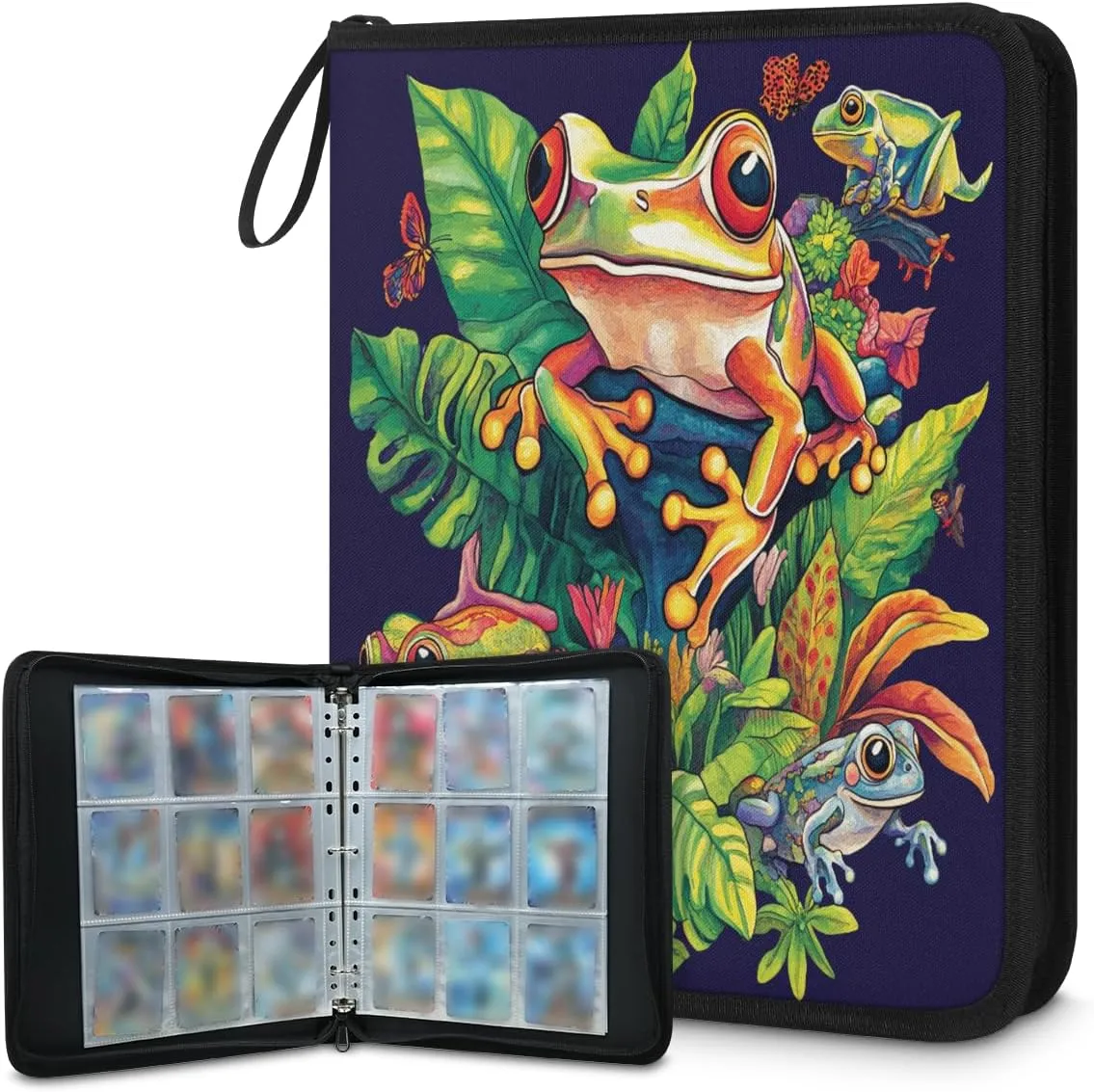 Colorful Frog Trading Card Binder 9 Pocket 900 Cards Holder Collector Album with 50 Removable Sleeves Toys Gifts for Boys Girls Fern Leaves Game Sports Cards
