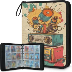 Colorful Speaker Trading Card Binder 9 Pocket 900 Cards Holder Collector Album with 50 Removable Sleeves Toys Gifts for Boys Girls Abstract Drum Game Sports Cards