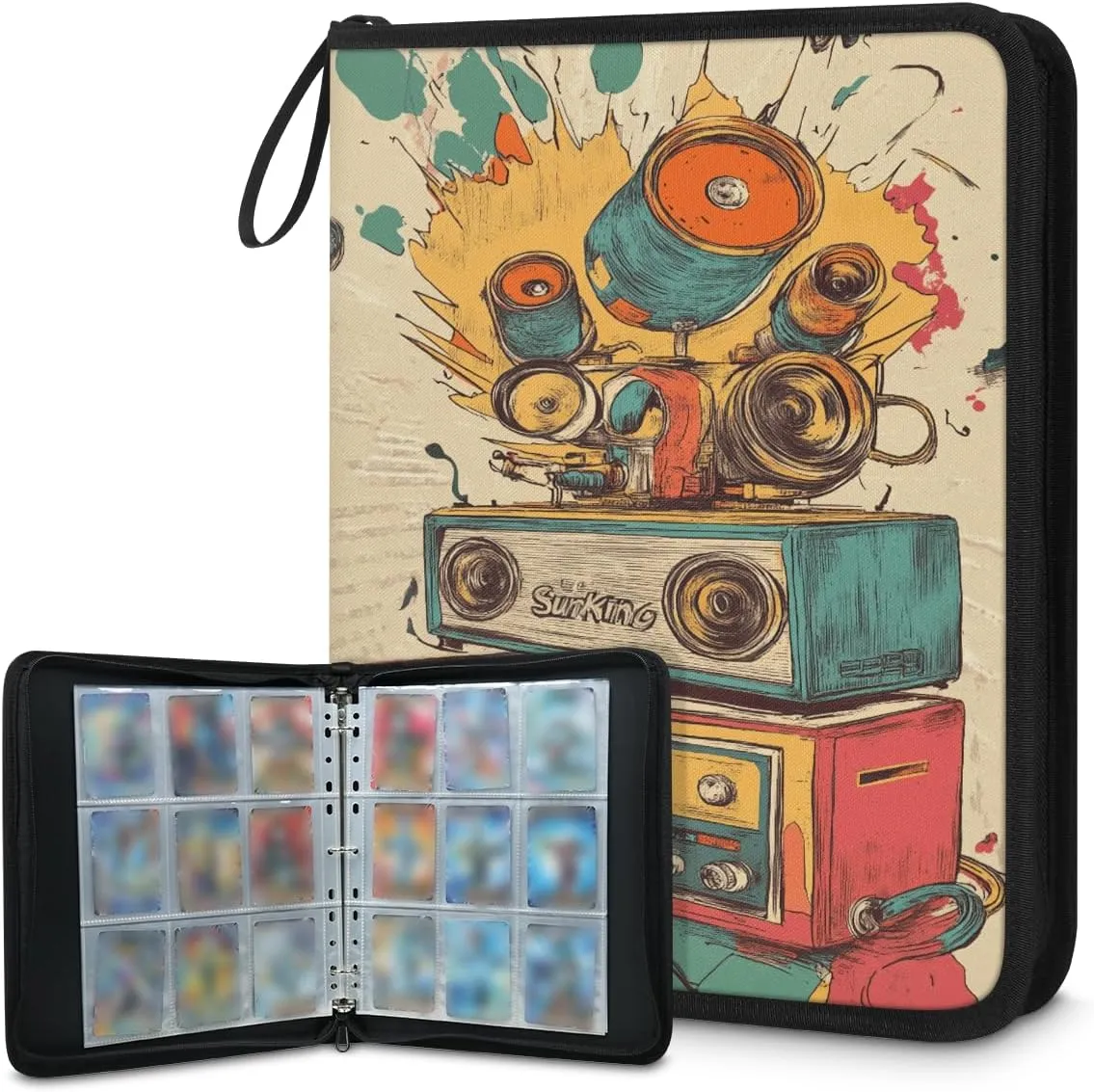 Colorful Speaker Trading Card Binder 9 Pocket 900 Cards Holder Collector Album with 50 Removable Sleeves Toys Gifts for Boys Girls Abstract Drum Game Sports Cards