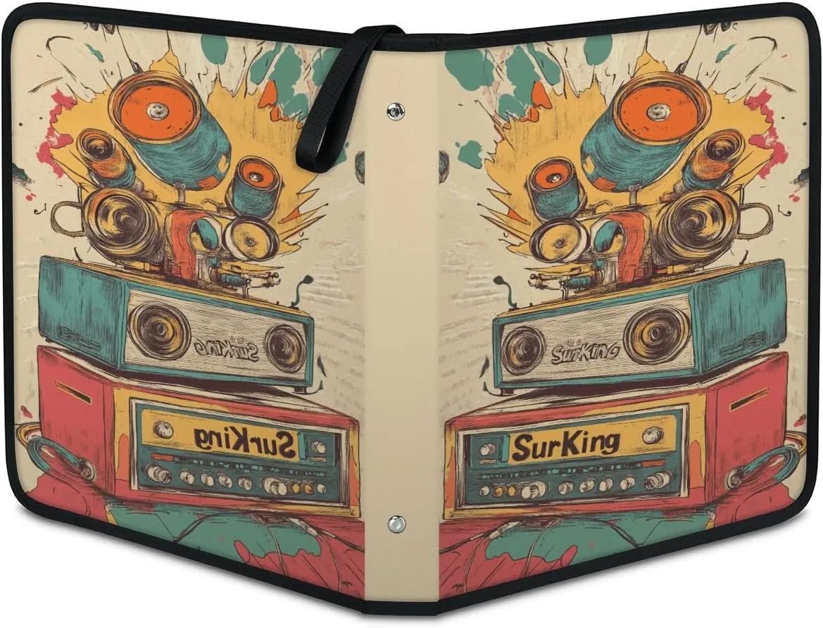 Colorful Speaker Trading Card Binder 9 Pocket 900 Cards Holder Collector Album with 50 Removable Sleeves Toys Gifts for Boys Girls Abstract Drum Game Sports Cards