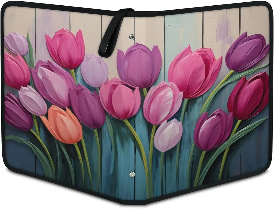 Colorful Tulips 3 Ring Trading Zipper Binder Strap, Trading Card Binder 4 Pocket, 400 Pockets Card Holder with 50 Removable Sleeves for Game Cards