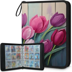 Colorful Tulips 3 Ring Trading Zipper Binder Strap, Trading Card Binder 4 Pocket, 400 Pockets Card Holder with 50 Removable Sleeves for Game Cards