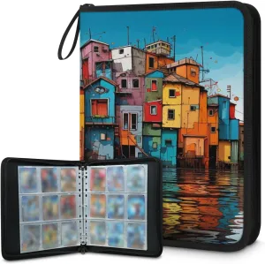 Colorful Water City 3 Ring Trading Zipper Binder Strap, Trading Card Binder 9 Pocket, 900 Pockets Card Holder with 50 Removable Sleeves for Game Cards