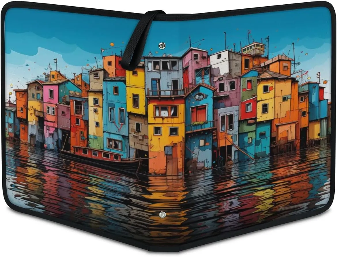 Colorful Water City 3 Ring Trading Zipper Binder Strap, Trading Card Binder 9 Pocket, 900 Pockets Card Holder with 50 Removable Sleeves for Game Cards