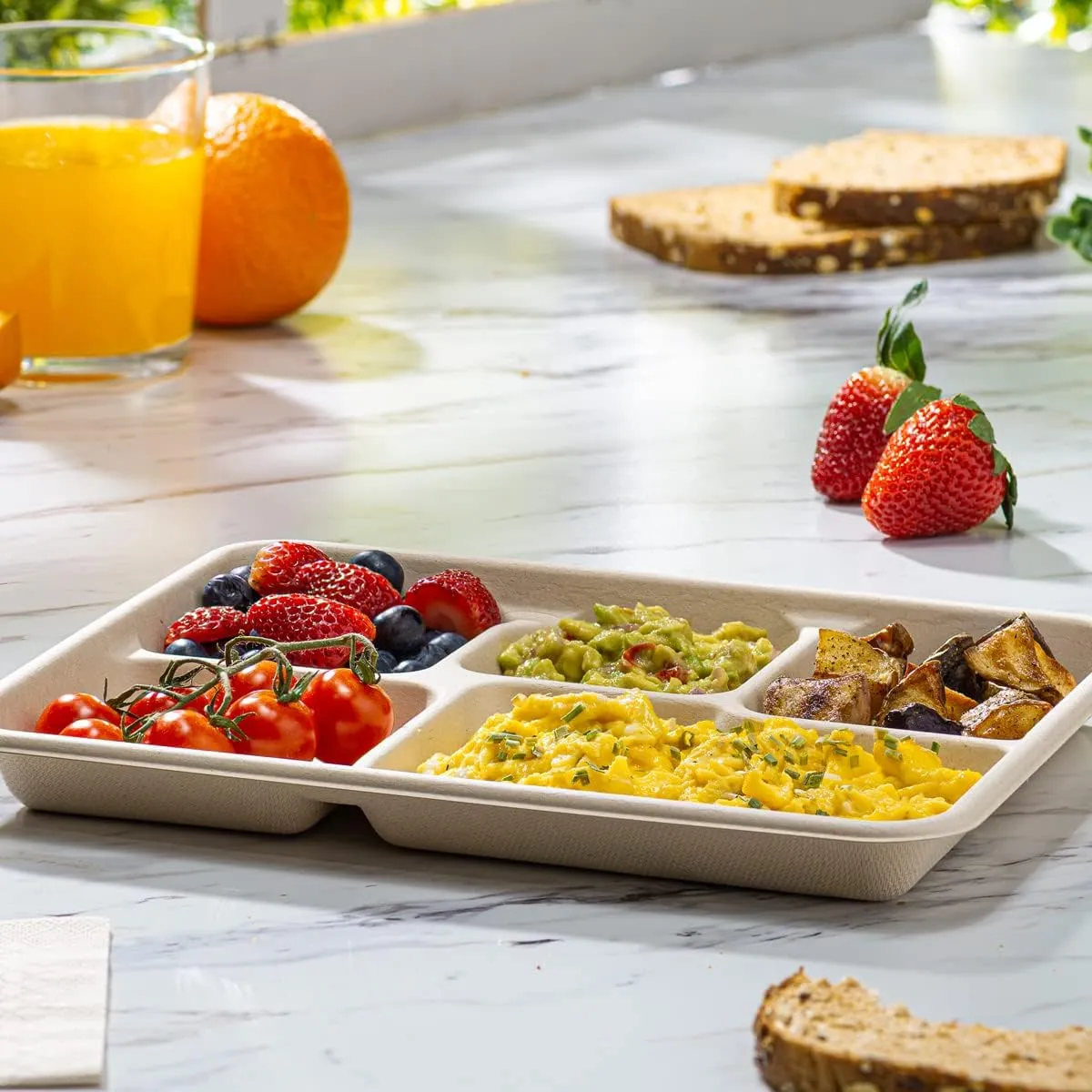 Comfy Package [125 Count 100% Compostable 5 Compartment Plates Disposable - 10 Inch Kraft Paper Plates, Eco-Friendly Sugarcane Trays -Brown Unbleached