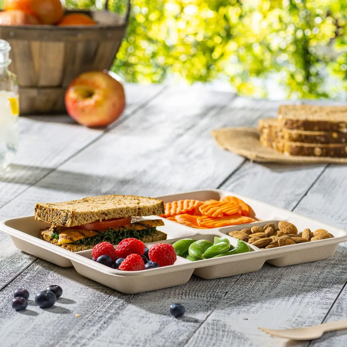 Comfy Package [125 Count 100% Compostable 5 Compartment Plates Disposable - 10 Inch Kraft Paper Plates, Eco-Friendly Sugarcane Trays -Brown Unbleached