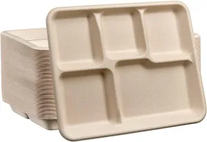 Comfy Package [125 Count 100% Compostable 5 Compartment Plates Disposable - 10 Inch Kraft Paper Plates, Eco-Friendly Sugarcane Trays -Brown Unbleached