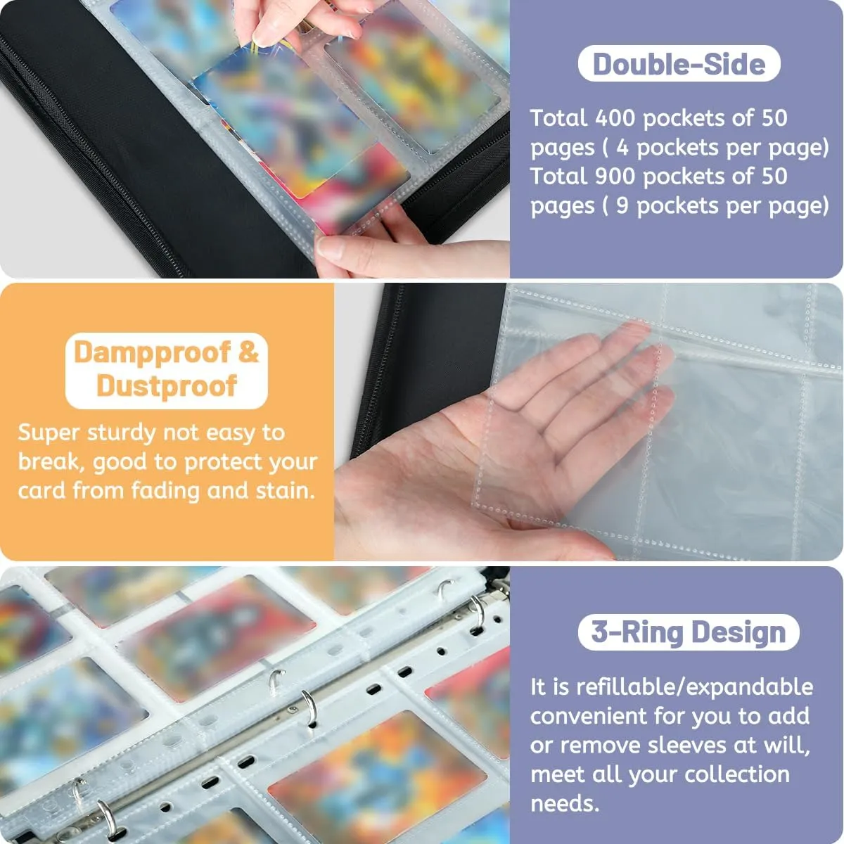 Compass 9 Pocket Card Binder,Double Sided Holds 900 Pocket,Waterproof Trading Card Binder Album Storage Protectors Gifts for Kids Collectors