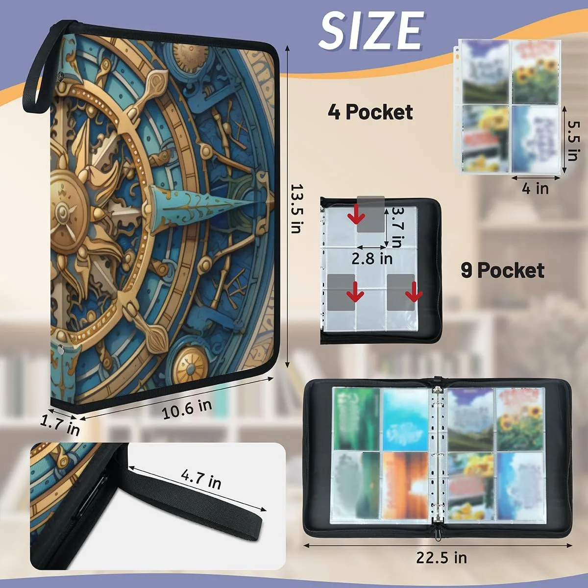 Compass 9 Pocket Card Binder,Double Sided Holds 900 Pocket,Waterproof Trading Card Binder Album Storage Protectors Gifts for Kids Collectors