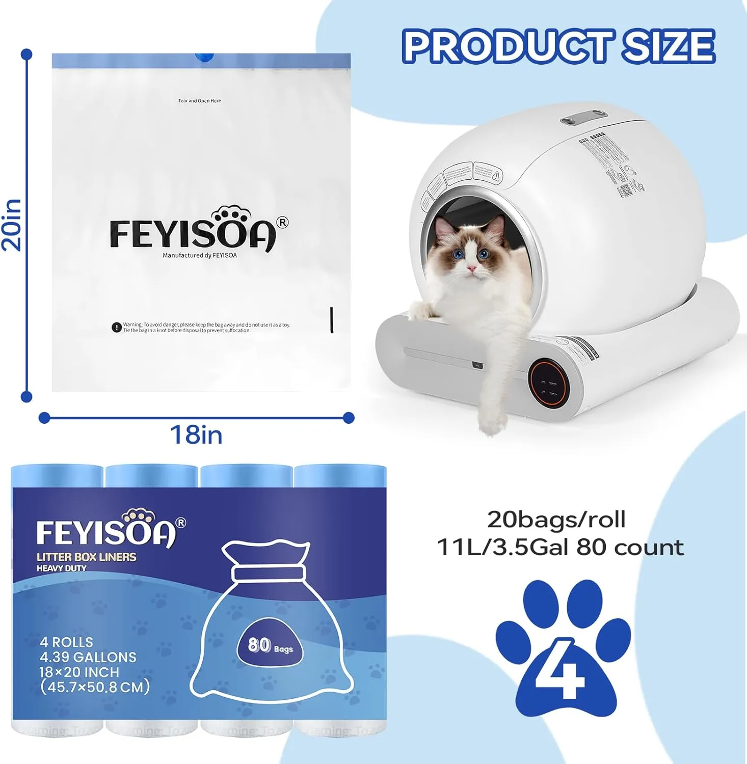 Compatible Self-Cleaning Litter Box Liners - 80 Pack, 18x20 Inches, 4 Gallon Bags, 2 Mil Thickness, Easy Installation, Durable for Automatic Litter Box Drawers