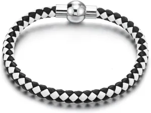 COOLSTEELANDBEYOND Mens Women Black and White Braided Leather Bracelet Leather Bangle Wristband with Magnetic Clasp