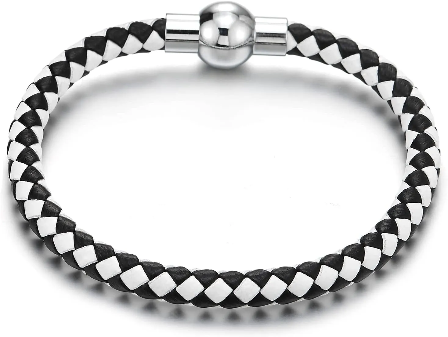 COOLSTEELANDBEYOND Mens Women Black and White Braided Leather Bracelet Leather Bangle Wristband with Magnetic Clasp