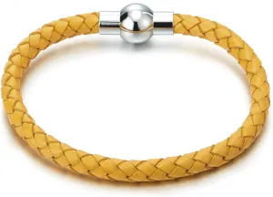 COOLSTEELANDBEYOND Mens Women Yellow Braided Leather Bracelet Genuine Leather Bangle Wristband with Magnetic Clasp Thin
