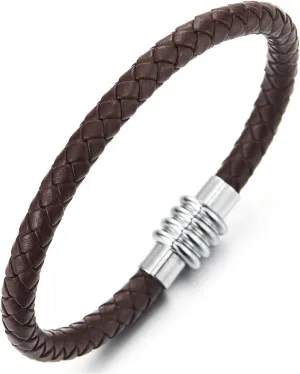 COOLSTEELANDBEYOND Mens Womens Braided Brown Leather Bangle Bracelet with Magnetic Clasp