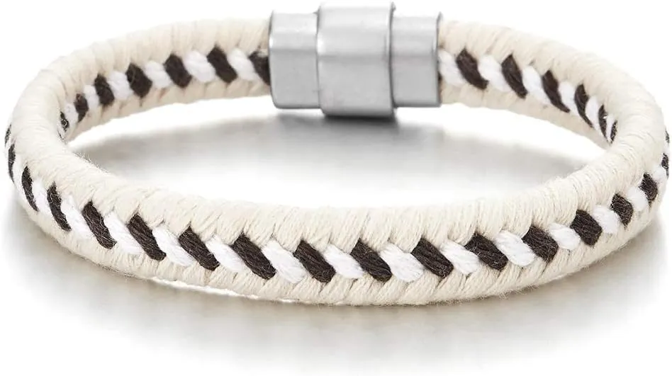 COOLSTEELANDBEYOND Mens Womens Sailing Marine White Brown Braided Cotton Rope Bangle Bracelet with Magnetic Clasp