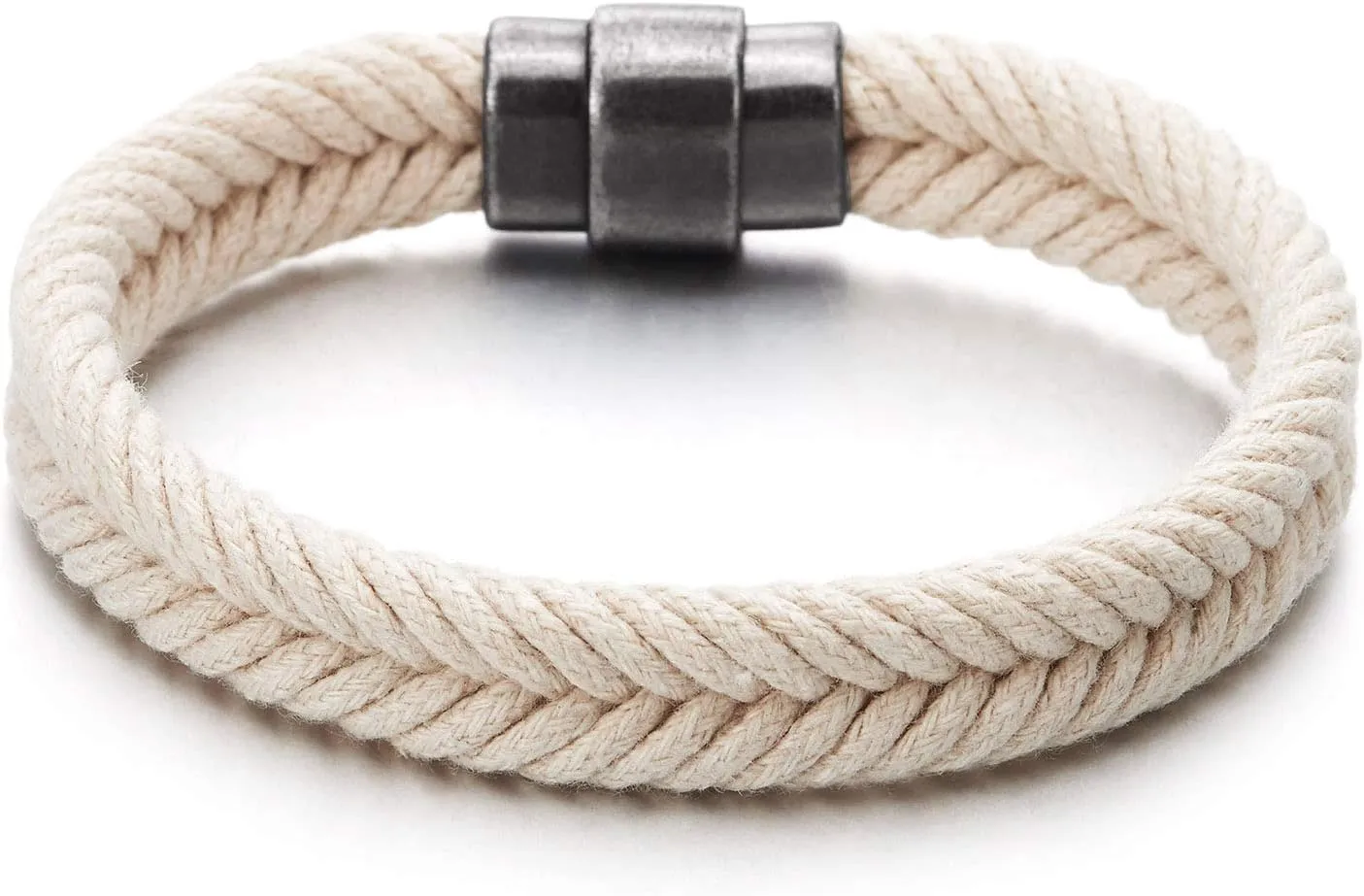 COOLSTEELANDBEYOND Mens Womens White Braided Cotton Rope Bangle Bracelet with Magnetic Clasp, Summer Accessories