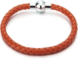 COOLSTEELANDBEYOND Orange Braided Leather Bracelet Genuine Leather Bangle Wristband with Magnetic Clasp Thin Mens Women
