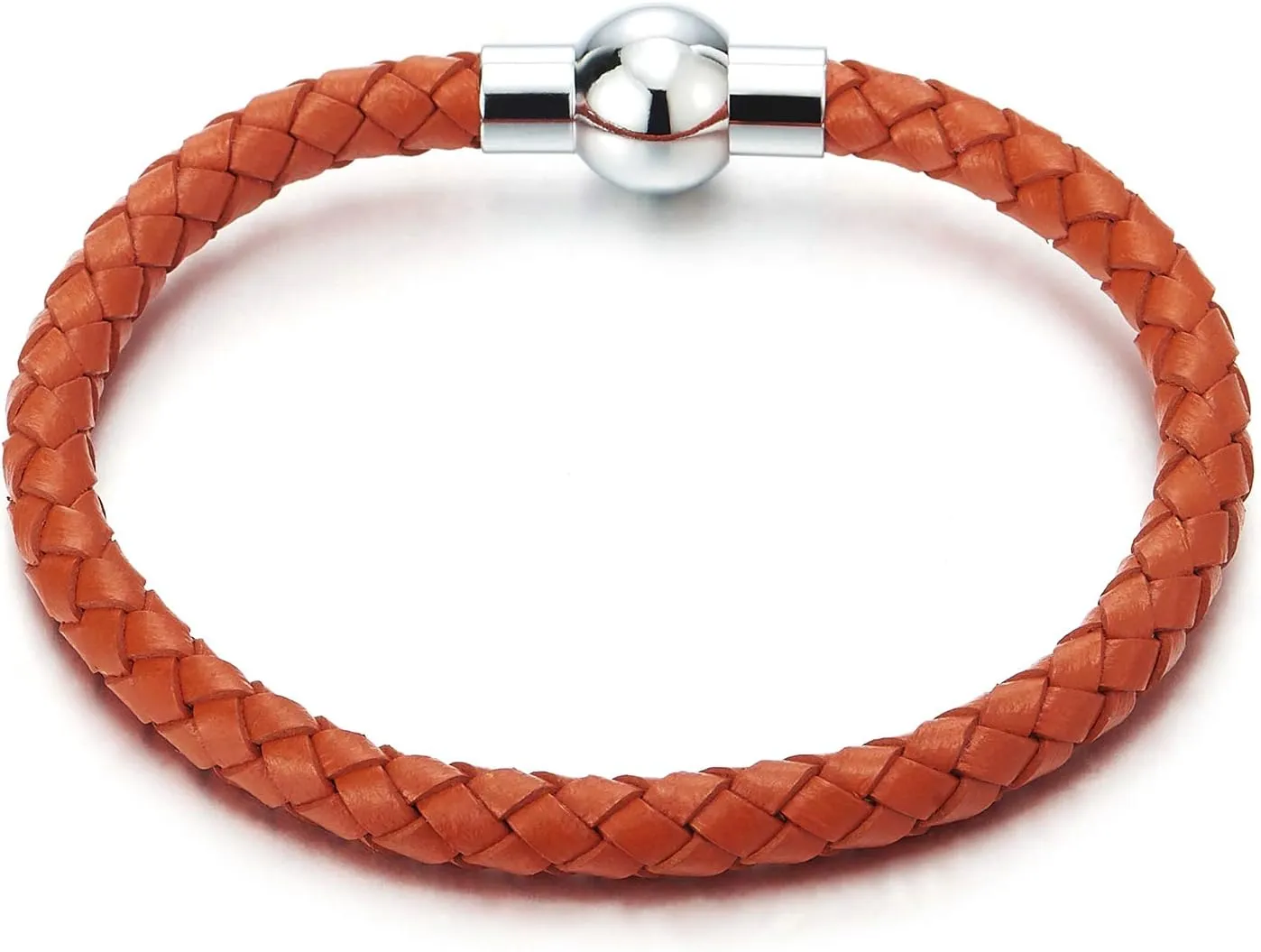COOLSTEELANDBEYOND Orange Braided Leather Bracelet Genuine Leather Bangle Wristband with Magnetic Clasp Thin Mens Women
