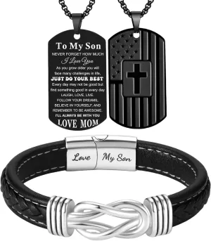 Coolvy Son Gifts from Mom - Dog Tag Cross Necklace for Men, Mother and Son Forever Linked Together Leather Bracelet Christmas Birthday Graduation Gifts For Him