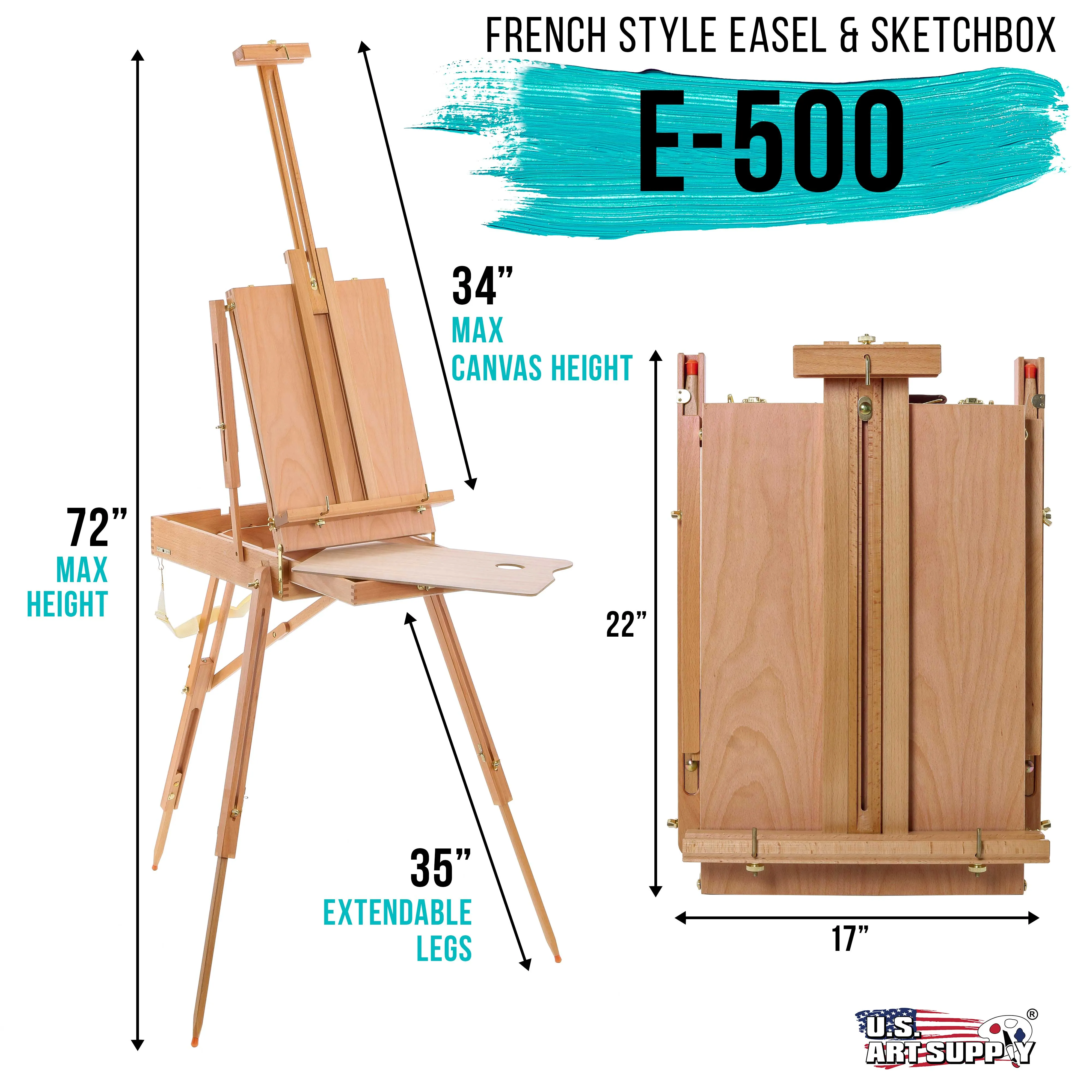 Coronado Large Wooden French Style Field & Studio Sketchbox Easel with Artist Drawer, Palette, Premium Beechwood - Adjustable Wood Tripod Easel Stand