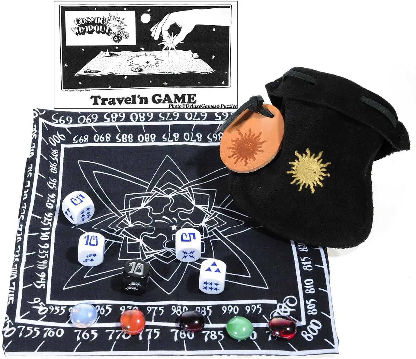 Cosmic Wimpout Deluxe Traveln Game, Black Cloth Scoreboard, 5 Glass Gemstones, Bundled Items