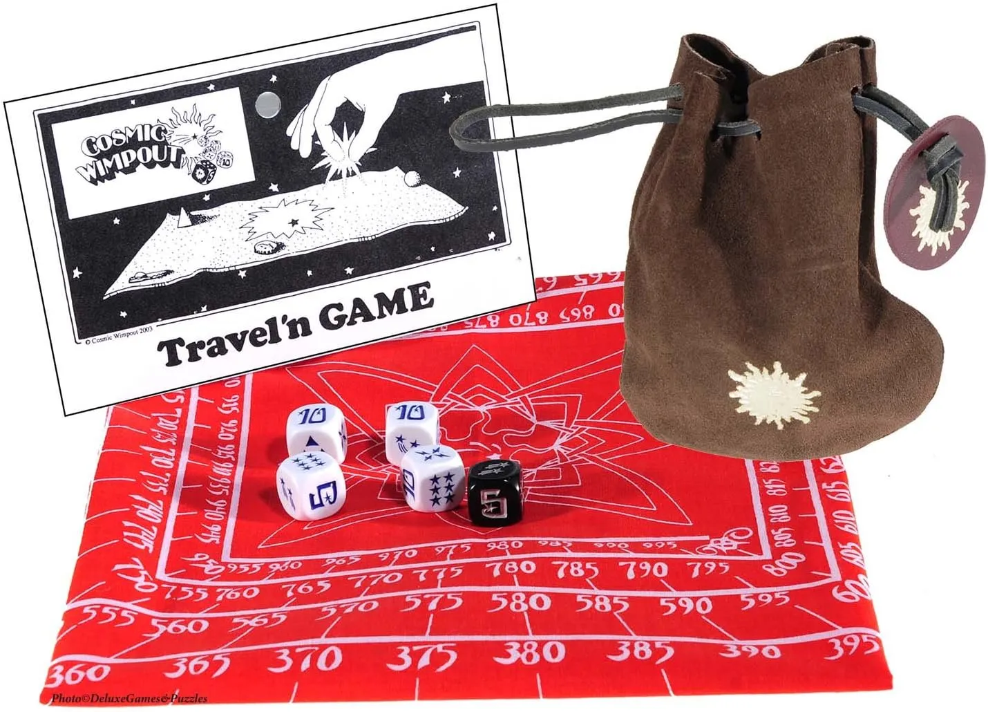 Cosmic Wimpout Deluxe Traveln Game, Red Cloth Scoreboard, 5 Glass Gemstones, Bundled Items