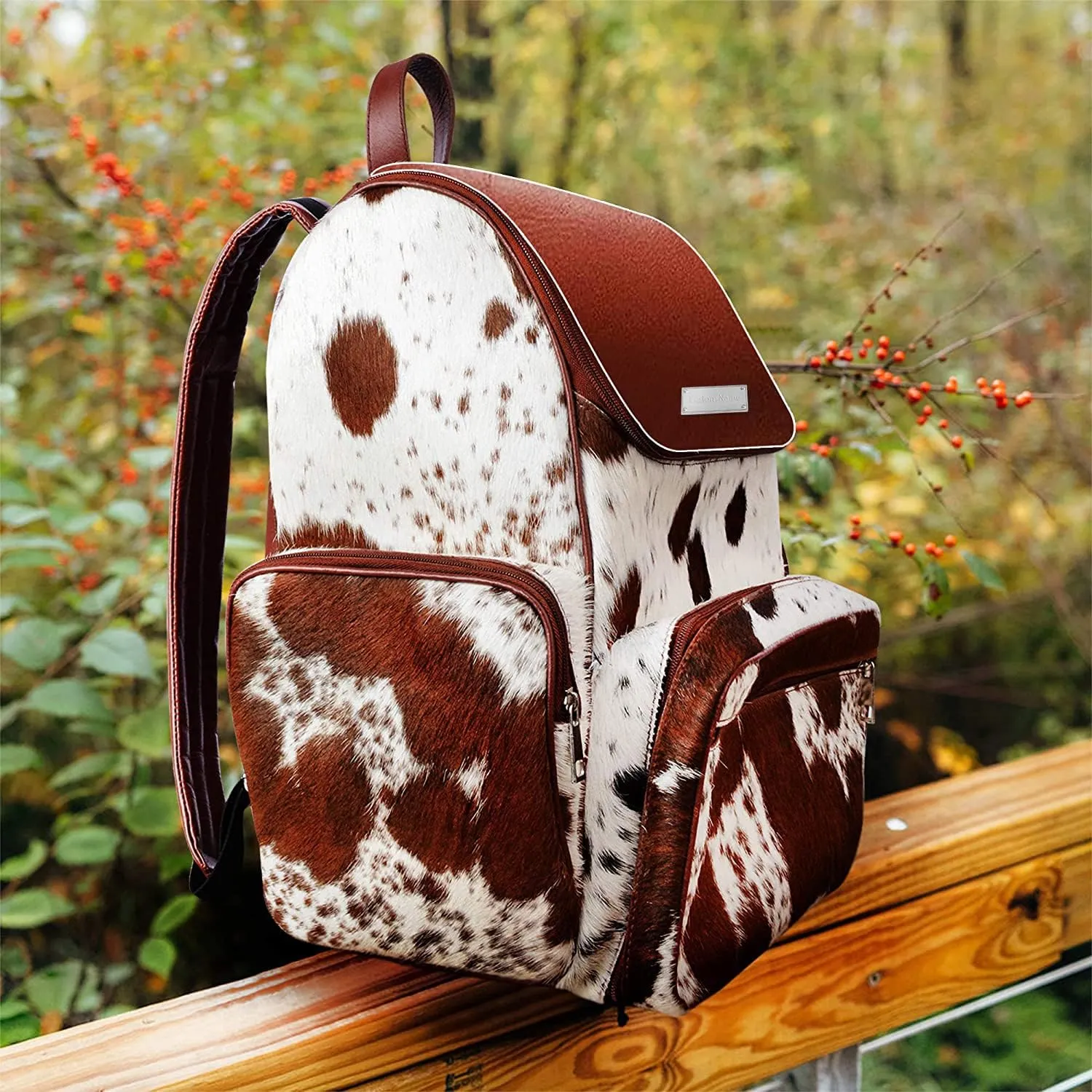 Cowhide Hair Print Fur Leather Diaper Backpack Rucksack/Knapsack Travel Shoulder Bag (Custom Name Tag)