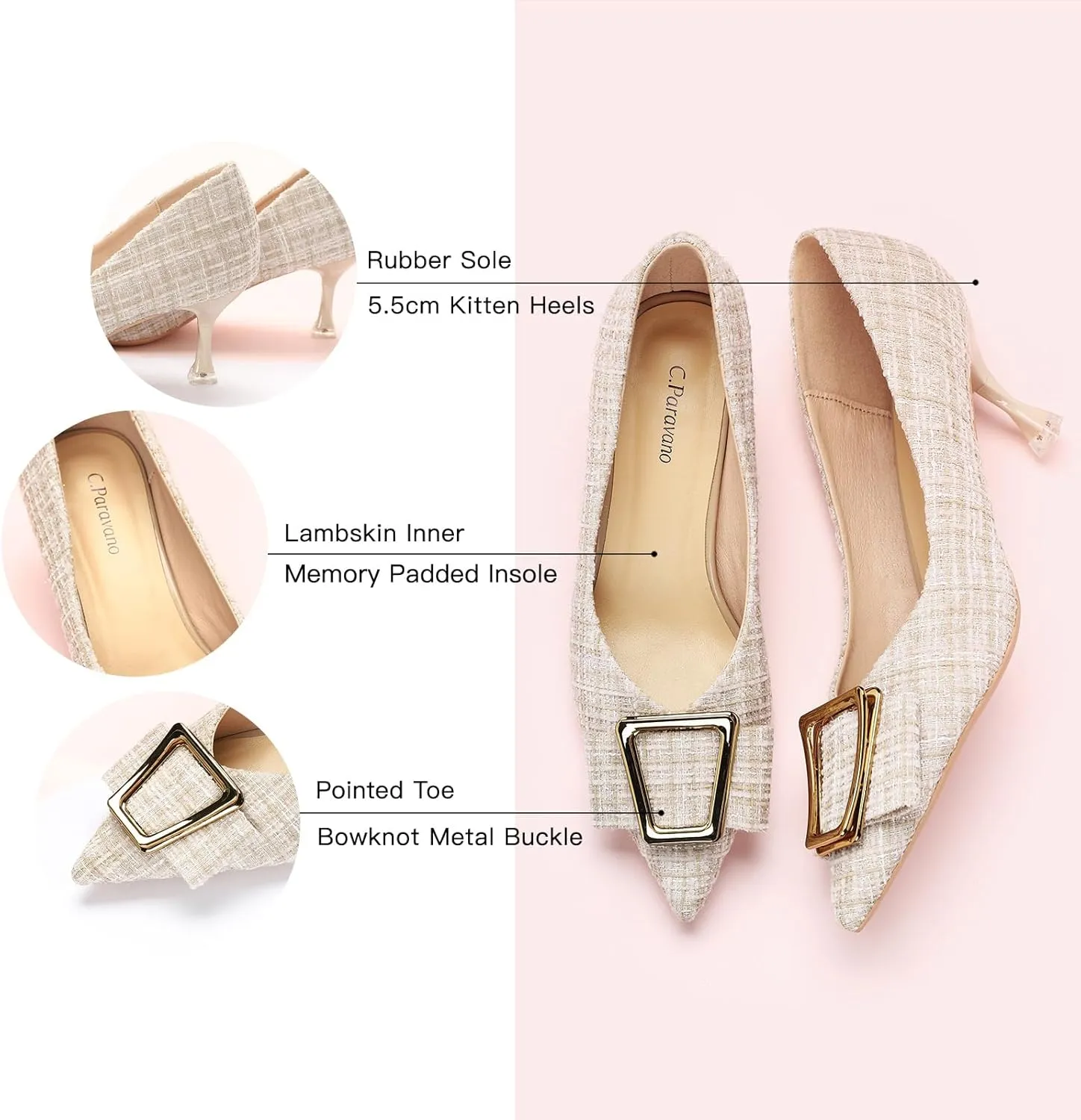 C.Paravano Women's Kitten Heel Pumps-Pointed Toe Wedding Shoes with Metal Buckle|Breathable Soft Leather for Office Attire, Cocktail Parties,Date Nights, Spring/Summer Events