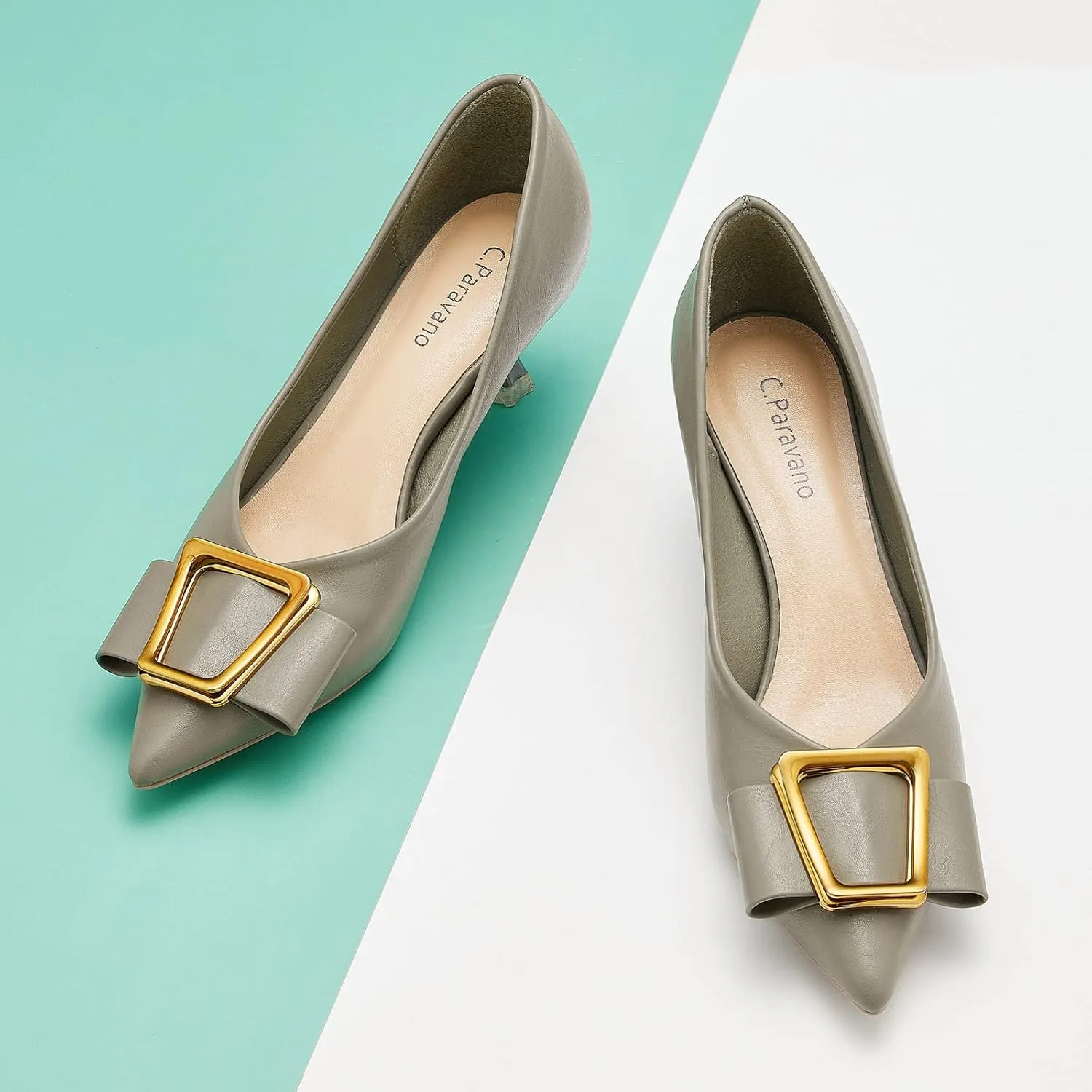 C.Paravano Women's Kitten Heel Pumps-Pointed Toe Wedding Shoes with Metal Buckle|Breathable Soft Leather for Office Attire, Cocktail Parties,Date Nights, Spring/Summer Events