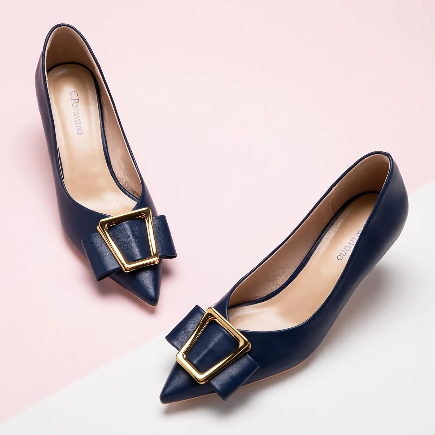 C.Paravano Women's Kitten Heel Pumps-Pointed Toe Wedding Shoes with Metal Buckle|Breathable Soft Leather for Office Attire, Cocktail Parties,Date Nights, Spring/Summer Events