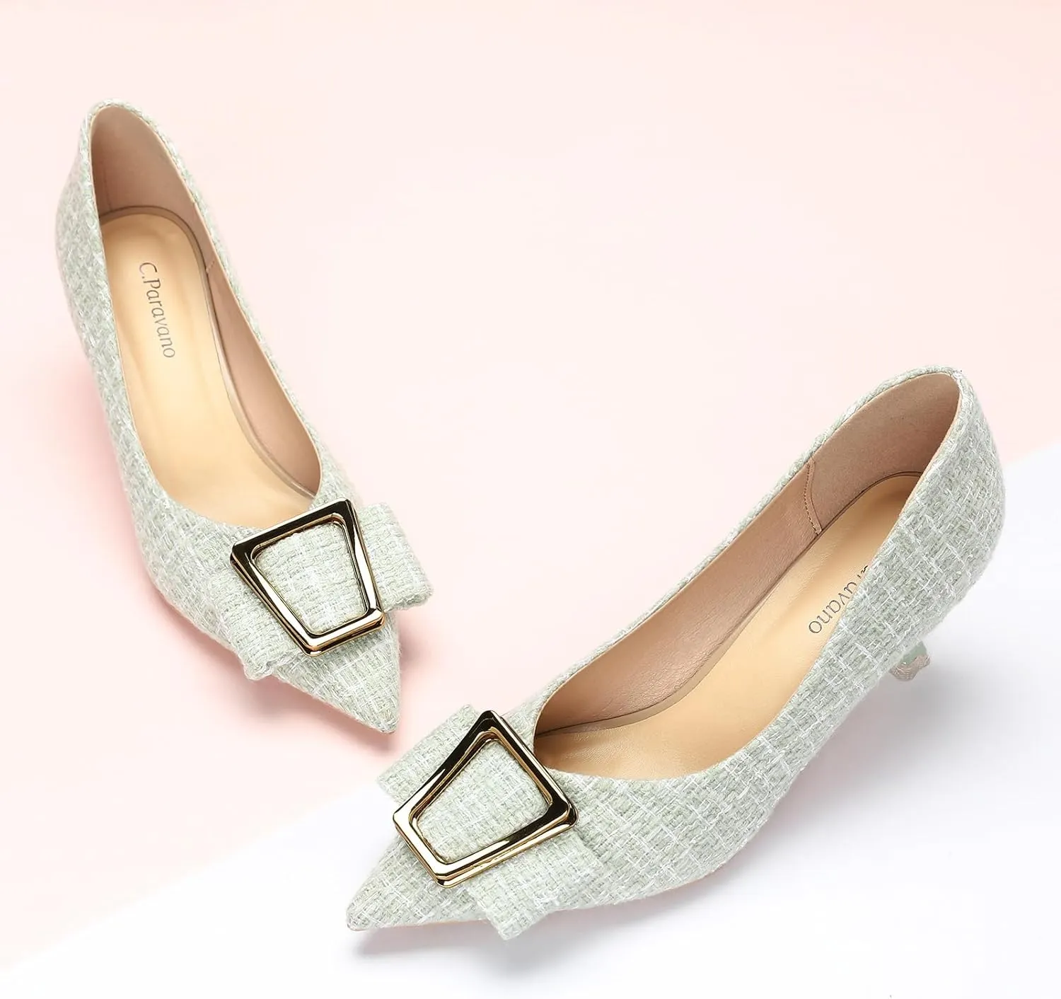 C.Paravano Women's Kitten Heel Pumps-Pointed Toe Wedding Shoes with Metal Buckle|Breathable Soft Leather for Office Attire, Cocktail Parties,Date Nights, Spring/Summer Events