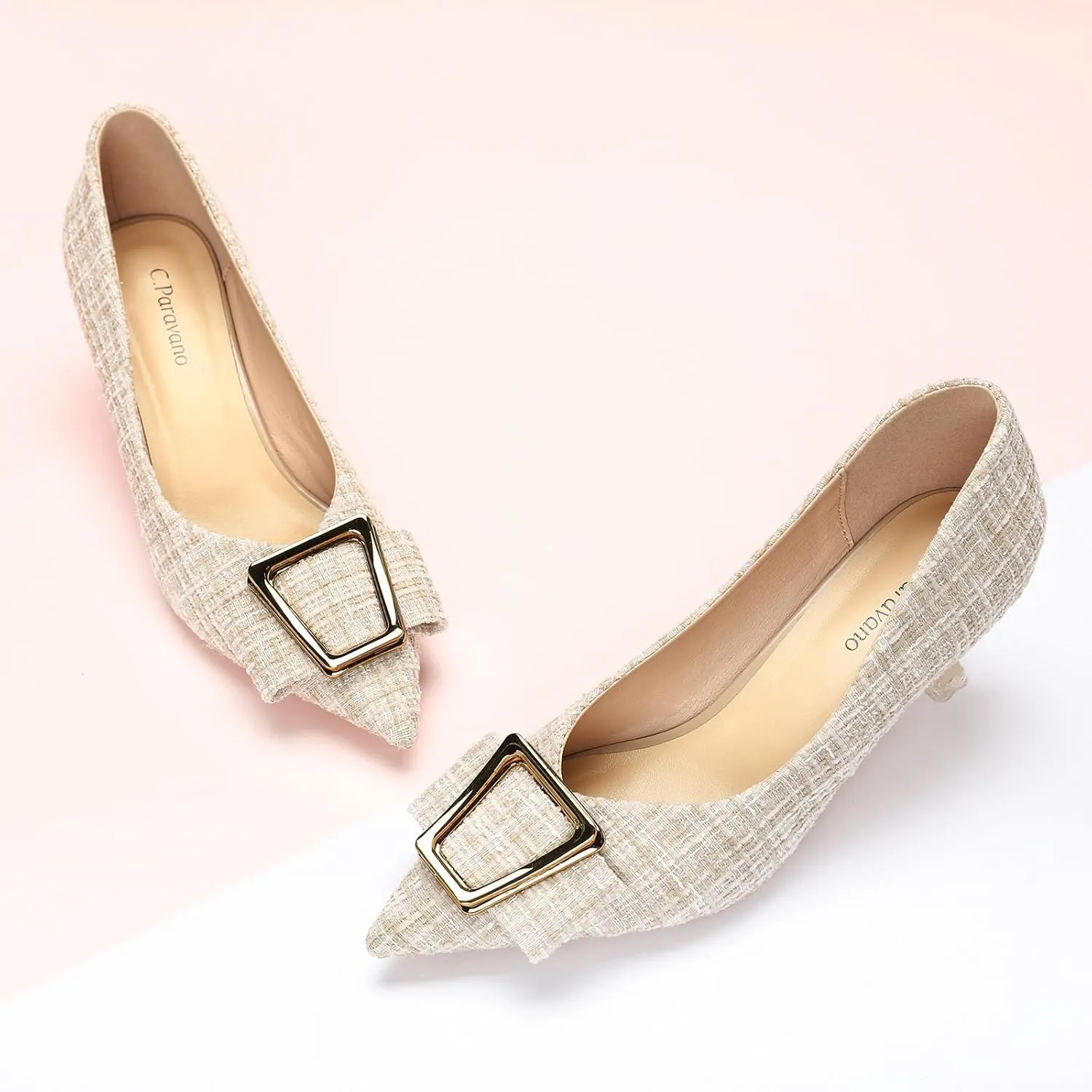 C.Paravano Women's Kitten Heel Pumps-Pointed Toe Wedding Shoes with Metal Buckle|Breathable Soft Leather for Office Attire, Cocktail Parties,Date Nights, Spring/Summer Events