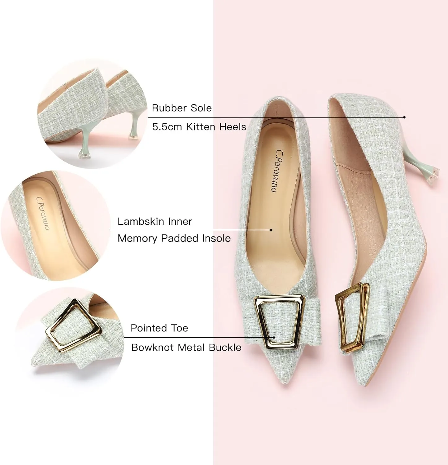 C.Paravano Women's Kitten Heel Pumps-Pointed Toe Wedding Shoes with Metal Buckle|Breathable Soft Leather for Office Attire, Cocktail Parties,Date Nights, Spring/Summer Events