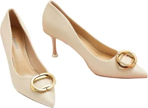 C.Paravano Women's Metal Buckle Stiletto Pumps-Professional Business Meeting Shoes with Metal Accents&Chic Pointed Toe Design,All-Day Comfort Heels for Office Workdays(White,Size 10.5)