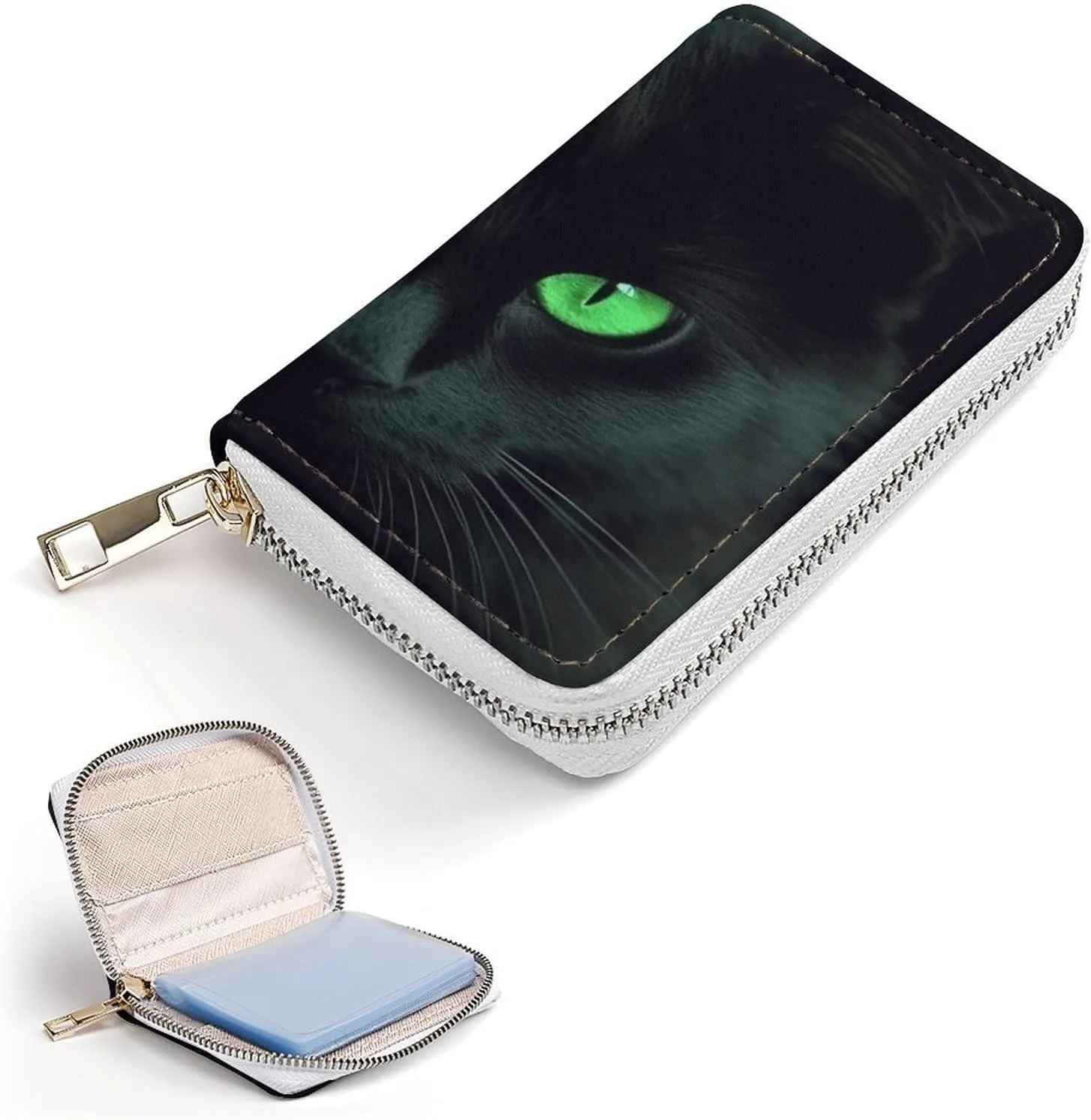 Credit Card Wallet,Black Cat Green Eyes Card Cases Holder Credit Card Holder Wallet with Card Slots Coin Cash Zipper Purse Case Wallet