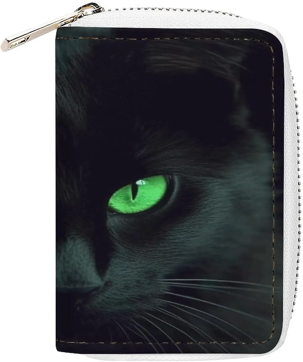 Credit Card Wallet,Black Cat Green Eyes Card Cases Holder Credit Card Holder Wallet with Card Slots Coin Cash Zipper Purse Case Wallet