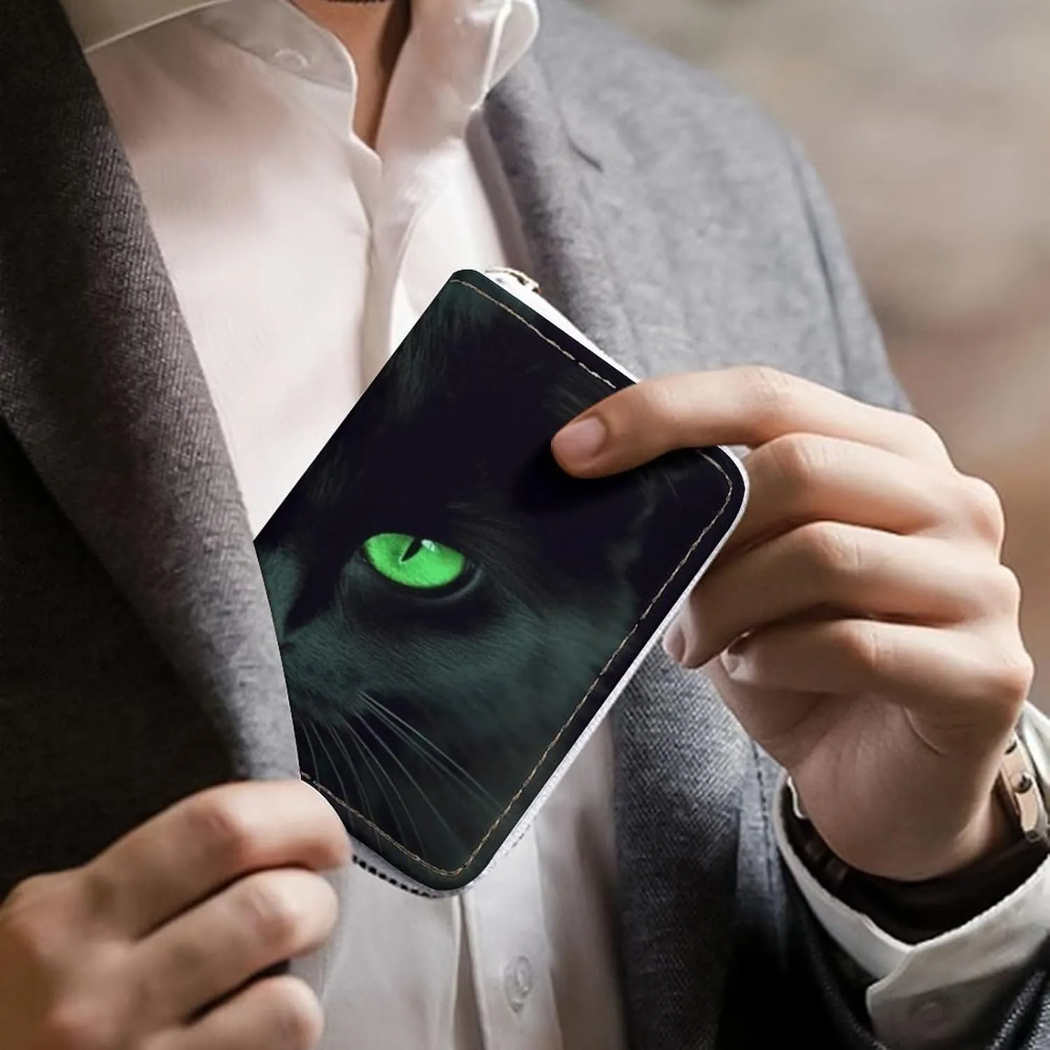 Credit Card Wallet,Black Cat Green Eyes Card Cases Holder Credit Card Holder Wallet with Card Slots Coin Cash Zipper Purse Case Wallet
