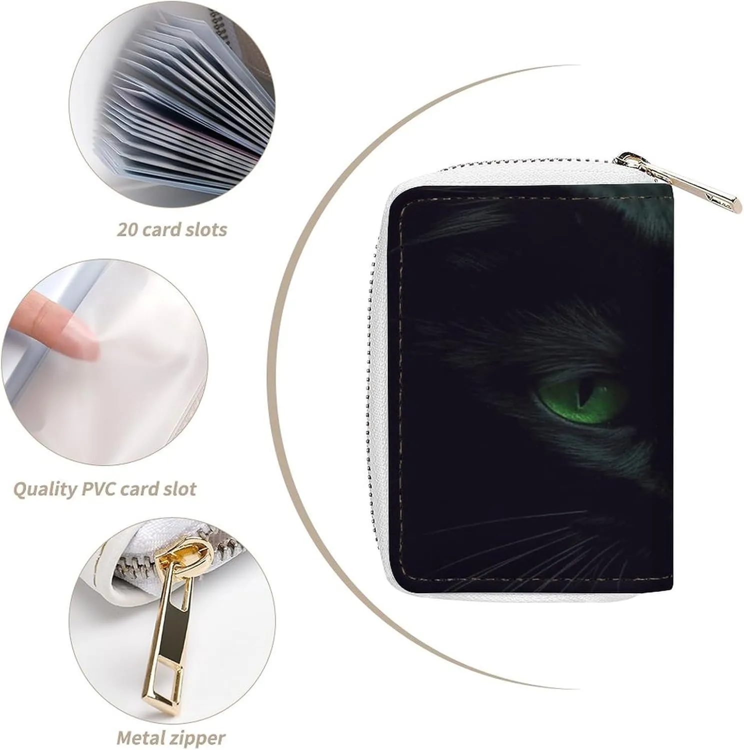 Credit Card Wallet,Black Cat Green Eyes Card Cases Holder Credit Card Holder Wallet with Card Slots Coin Cash Zipper Purse Case Wallet