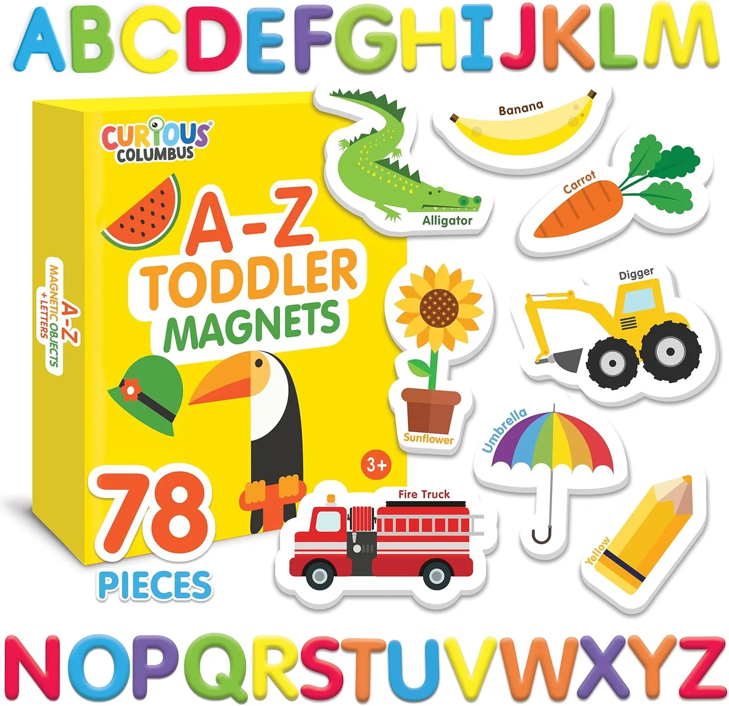 Curious Columbus Magnetic Objects and Letters. Set of 78 Foam Magnets Including 52 Pictures and 26 Uppercase Alphabet Magnets from A-Z. Educational Toy for Preschool Learning