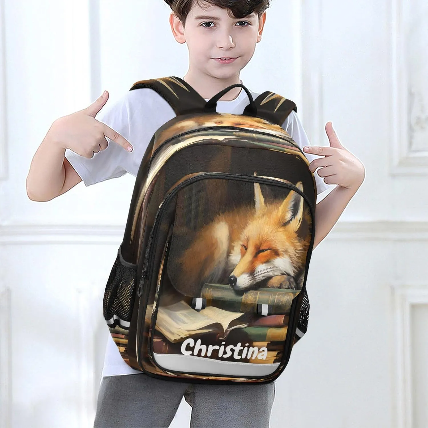 Custom Fox Backpack for Boys School Personalized Carry-On Weekender Bag Middle Bookbag for Travel Students Teens Kids
