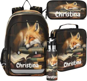 Custom Fox Backpack for Boys School Personalized Carry-On Weekender Bag Middle Bookbag for Travel Students Teens Kids