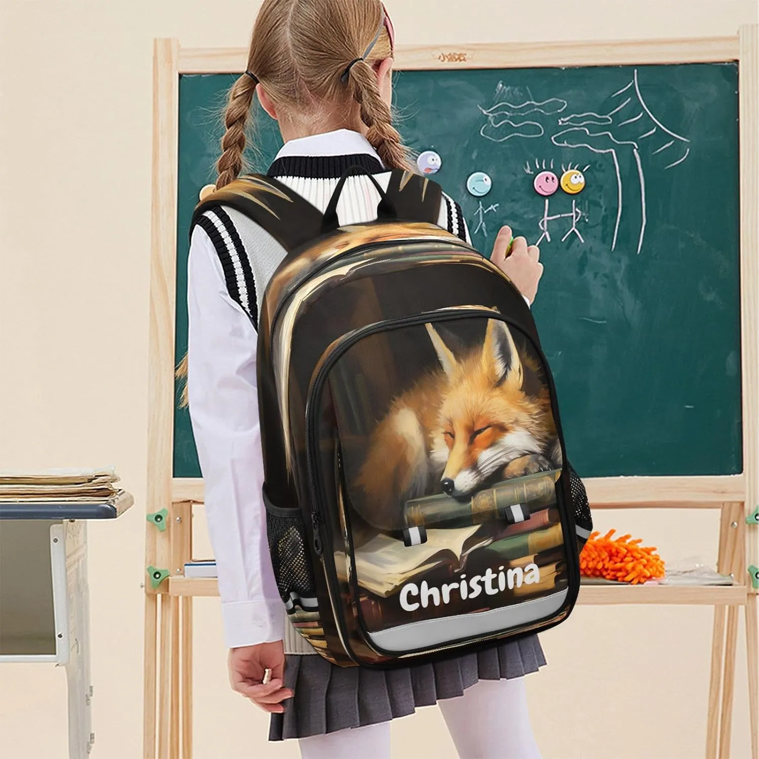 Custom Fox Backpack for Boys School Personalized Carry-On Weekender Bag Middle Bookbag for Travel Students Teens Kids