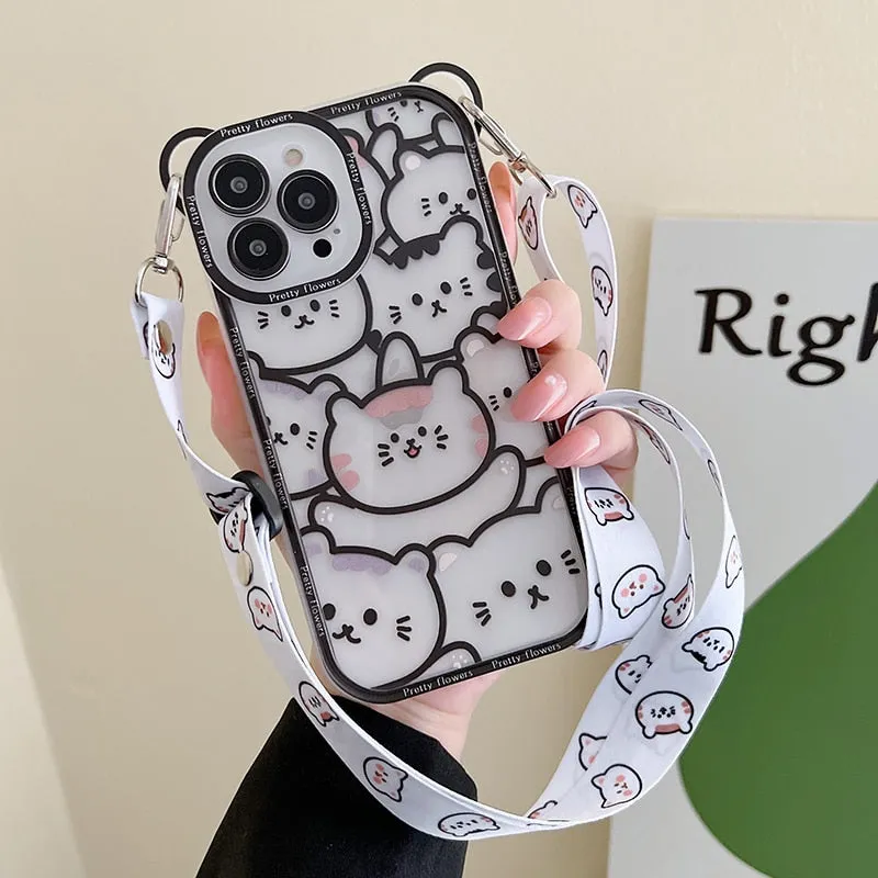 Cute Bear With Lanyard Phone Case For iPhone 15 14 13 11 12 Pro Max TPU Cover Bumper