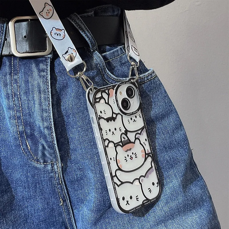 Cute Bear With Lanyard Phone Case For iPhone 15 14 13 11 12 Pro Max TPU Cover Bumper