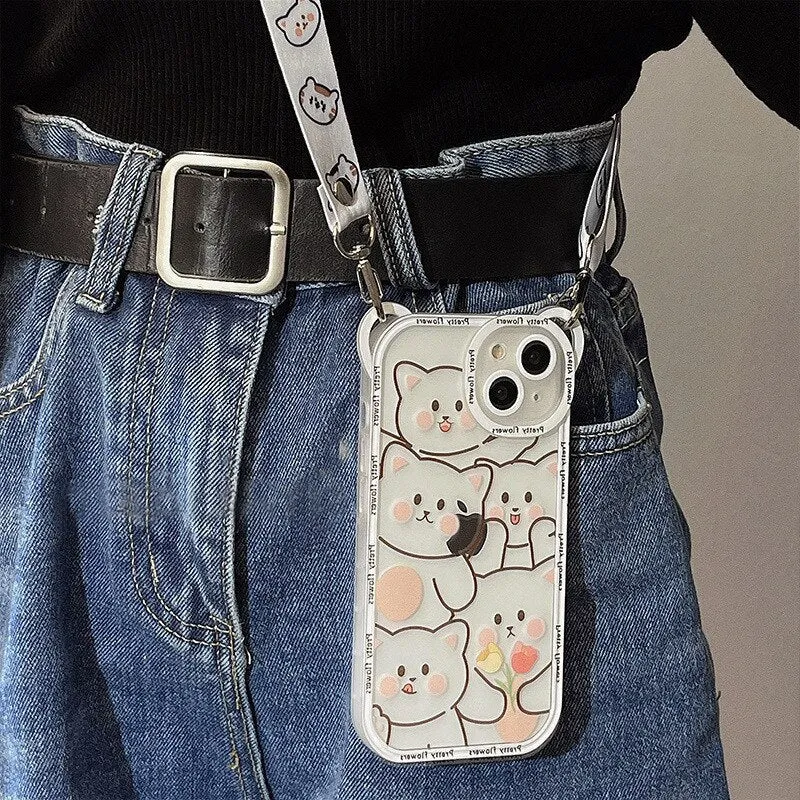 Cute Bear With Lanyard Phone Case For iPhone 15 14 13 11 12 Pro Max TPU Cover Bumper