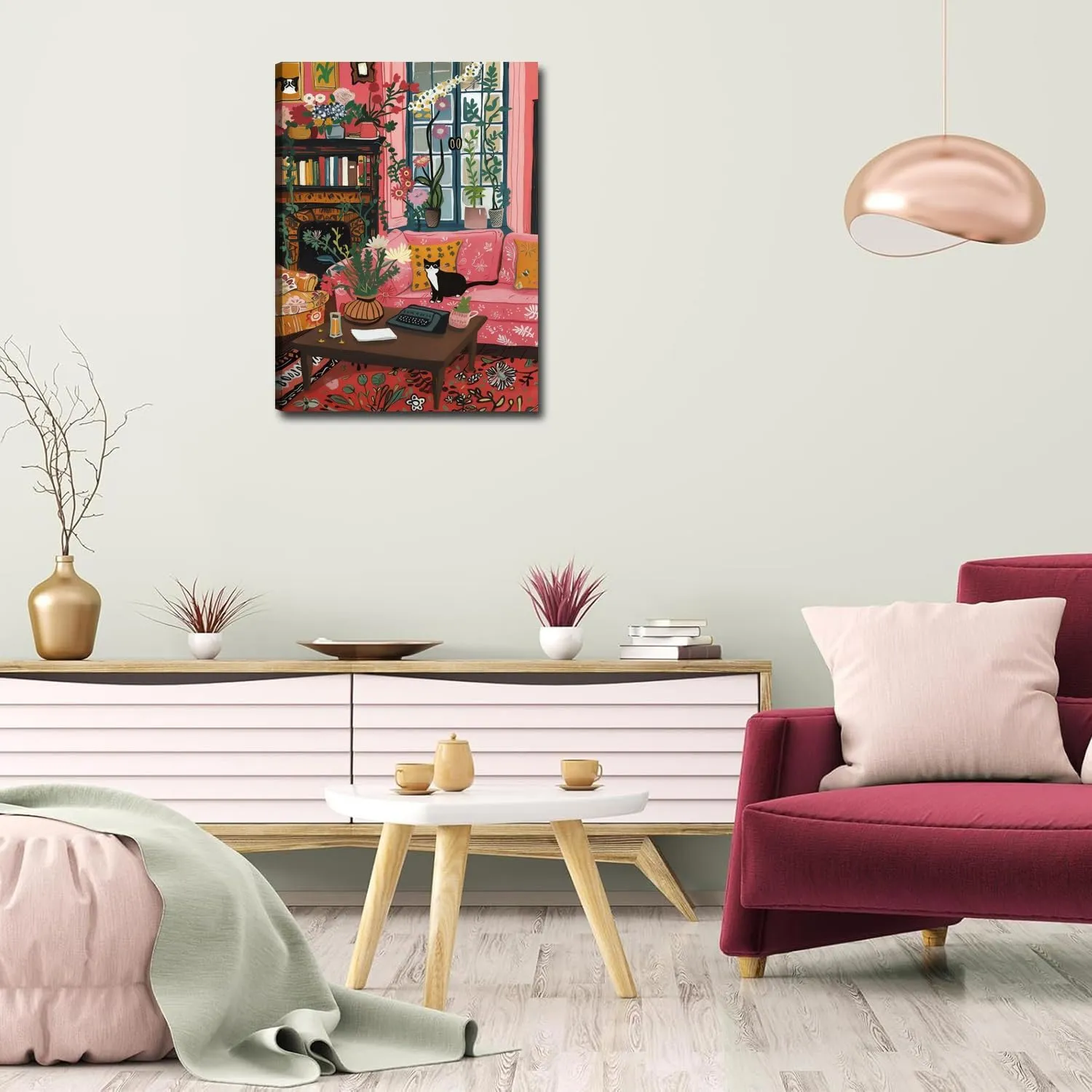 Cute Black Cat Wall Art, Matisse Impressionist Tuxedo Cat Wall Decor, Whimsical Pet Animal Sitting on Sofa Poster Canvas Paintings Prints Picture for Bedroom Living Room 12x16 inch Framed